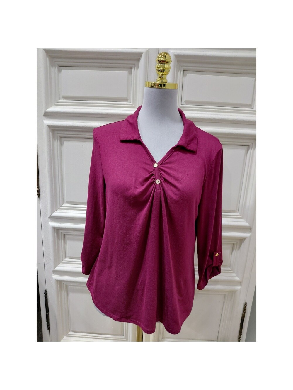 Naif Womens maroon top with gold buttons, 3/4 sleeve roll up petite medium